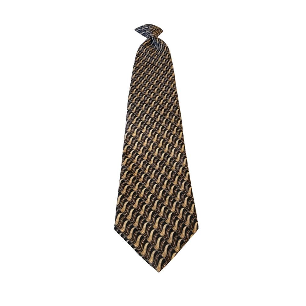 Puritan Mens Dress Tie Clip-On‎ pre-tied brown gold print 21" long 4" wide